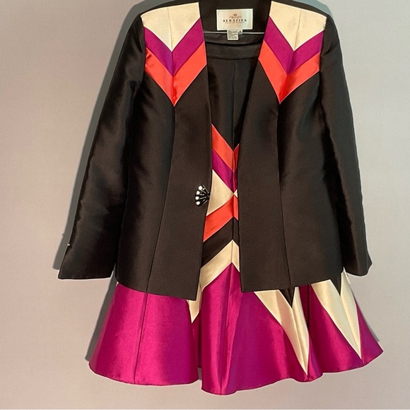 Serafina Sz 14 2 Piece Satin Suit Striking Colorful Zigzag Pattern Flared Skirt - Picture 3 of 16
